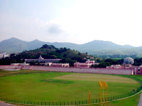 The Hill View Stadium grounds beneath the Puttaparthi hills